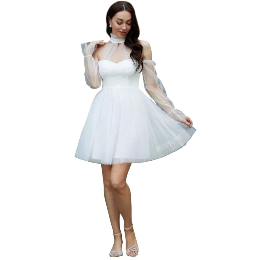 Miss Ord White Contrast Mesh Cold Shoulder Flounce Sleeve Halter Dress Sz M NWT